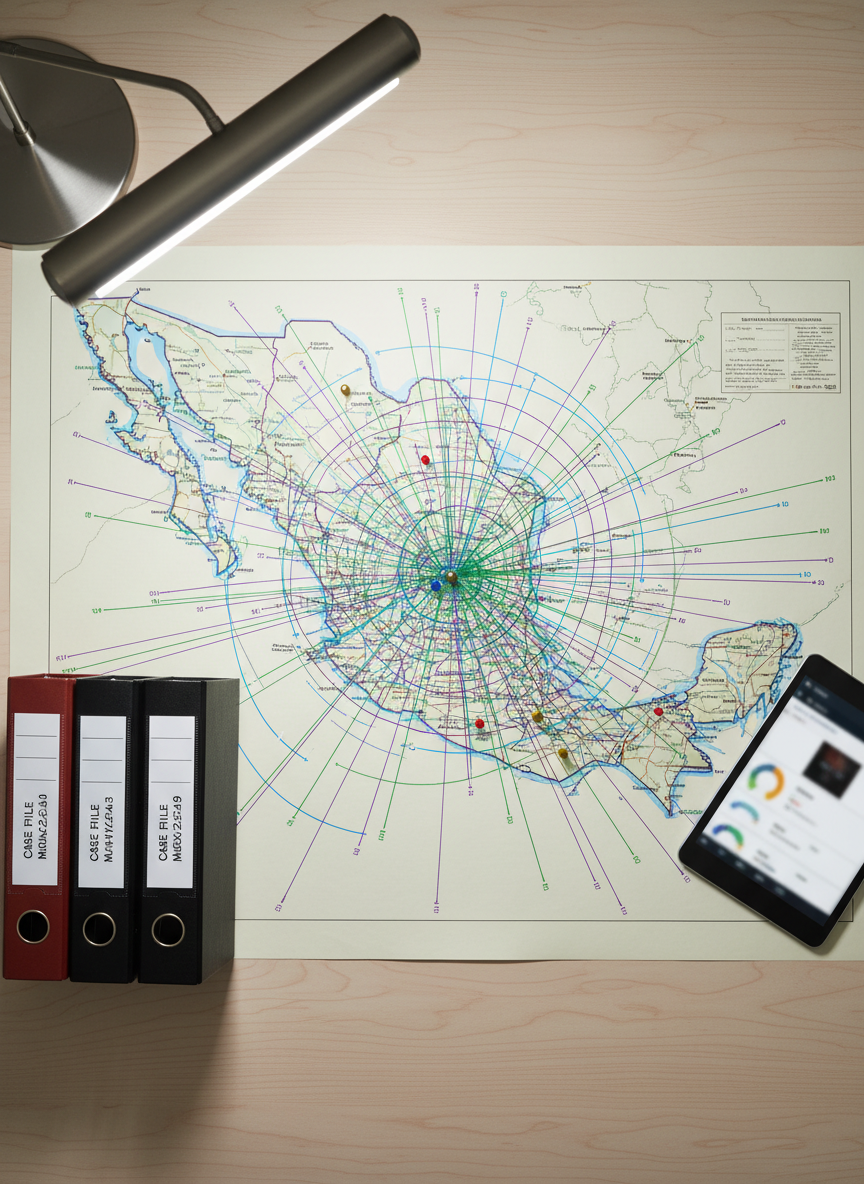 A detailed overhead view of a national coverage map of Mexico printed on high-quality matte paper, spread across a tidy desk. Colored markers and small metal pins highlight coverage areas radiating from the Guadalajara metropolitan region to the rest of the country. Around the map sit neatly aligned legal binders labeled with generic case codes, a digital tablet showing a blurred case management dashboard, and a slim desk lamp with a brushed steel finish. The lamp casts focused, cool-white light, creating crisp shadows along the edges of the map and objects. Photographic realism, top-down composition with sharp focus throughout to emphasize structure and reach. The atmosphere is strategic, organized, and confident, visually reinforcing national legal support for insured clients facing delays from insurance companies.