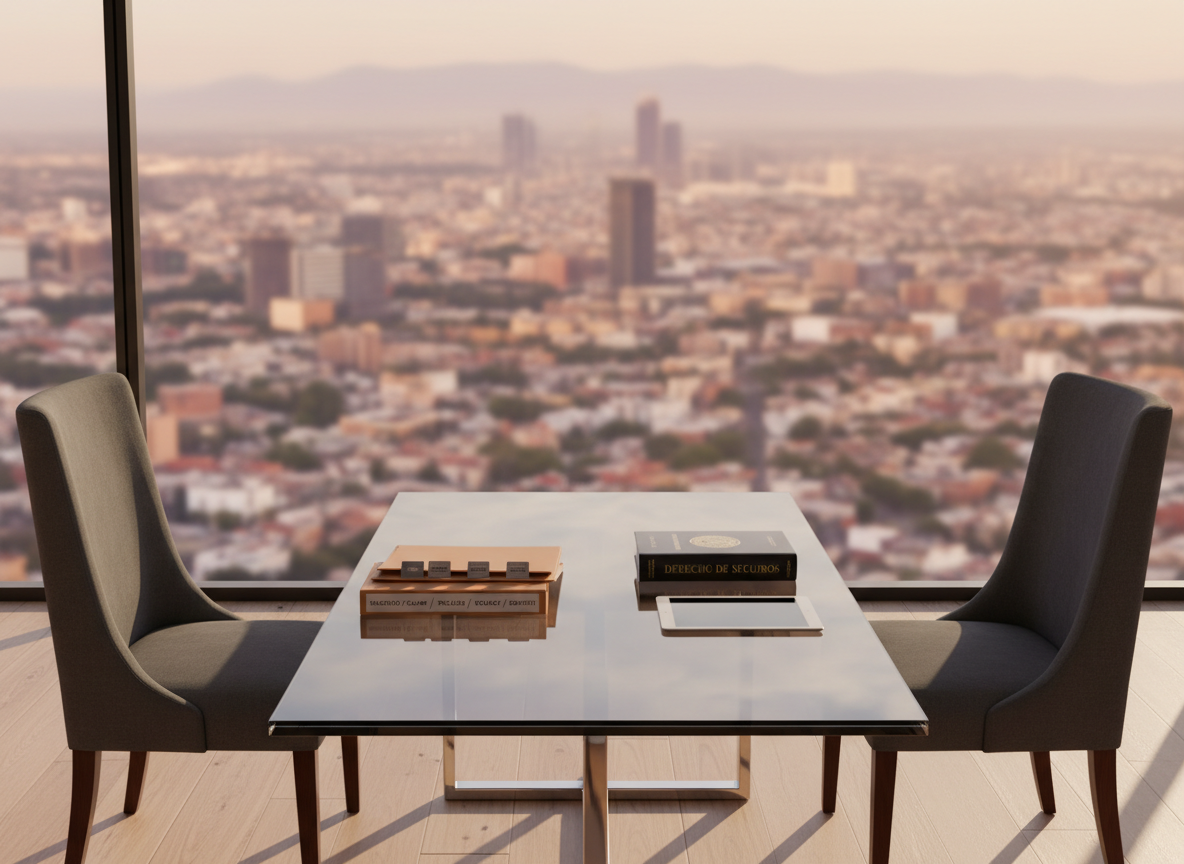 A modern legal consultation setting without people: two high-backed, dark-gray chairs facing each other across a glass-topped table, where organized insurance claim folders, a closed legal textbook, and a tablet with a blank screen are carefully arranged. Through a large window, an abstracted view of Guadalajara’s metropolitan skyline appears softly blurred. Golden hour sunlight streams in at an angle, casting long, warm shadows and delicate reflections on the glass surface. Photographic realism, composed using the rule of thirds, with the table centered and the chairs framing the scene. The depth of field is moderate, keeping the table and its objects sharply defined while the background cityscape melts into soft bokeh. The mood is welcoming yet serious, suggesting a confidential, professional space for discussing insurance disputes in Mexico.