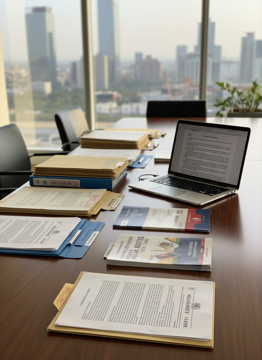 A polished dark-wood conference table covered with neatly arranged legal folders, stamped insurance claim files, and a sleek silver laptop displaying an open legal document. Detailed Mexican insurance policy booklets and organized binder tabs are visible, emphasizing meticulous case preparation. The scene is set in a modern Guadalajara office with floor-to-ceiling windows revealing a subtle, out-of-focus urban skyline. Soft afternoon natural light pours in, creating gentle reflections on the table’s varnished surface and subtle shadows around the documents. Photographic realism, shot at eye level with a slight angle along the table’s length, using shallow depth of field to keep the foreground documents crisp while the background softly blurs. The mood is professional, calm, and trustworthy, conveying serious, dedicated legal work on behalf of Mexican policyholders.