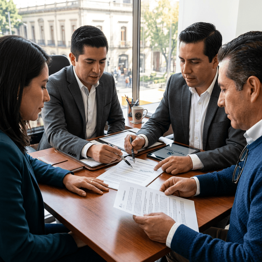 Four colleagues reviewing and signing documents around a conference table