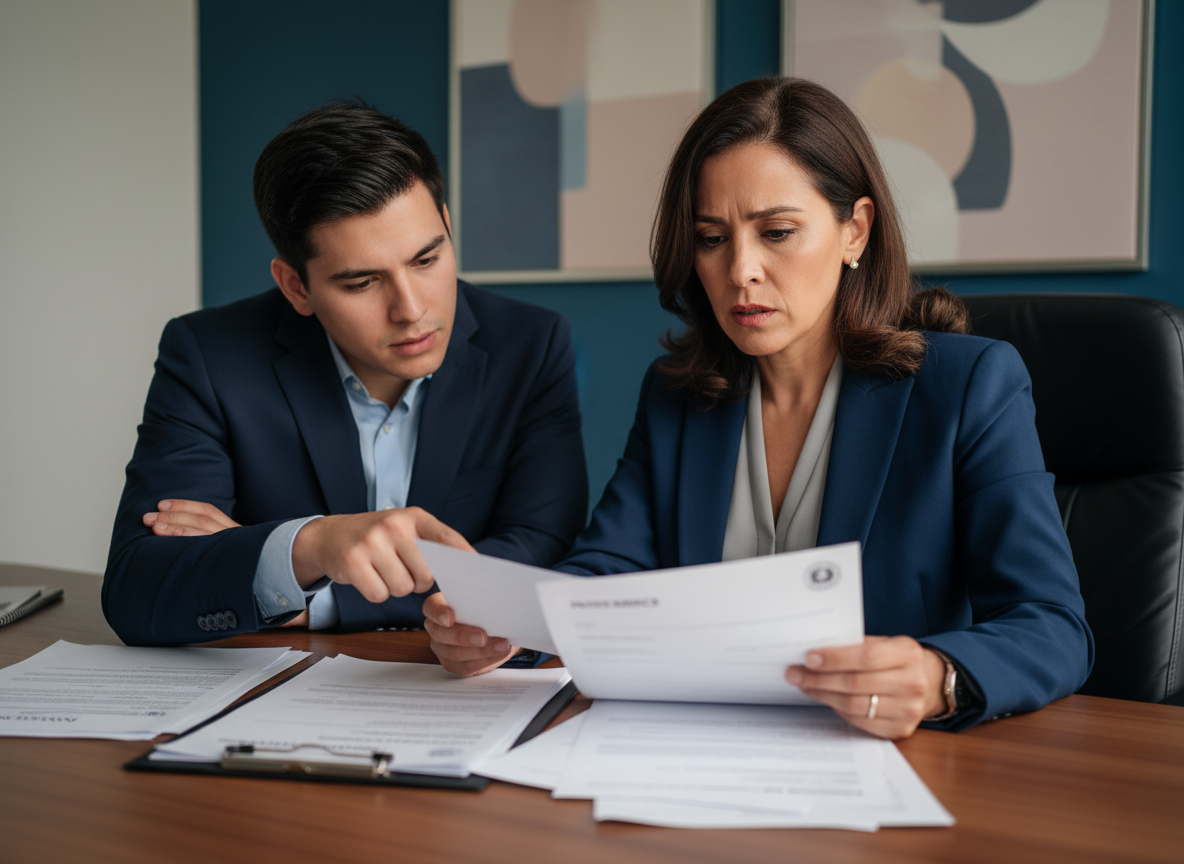 Professional photograph of a concerned Mexican policyholder, diverse age range, sitting at a desk reviewing insurance policy documents with a worried expression. Soft office lighting, deep blues and warm grays, clean and professional aesthetic. Conveys trust and the weight of an insurance claim situation. No text in image.