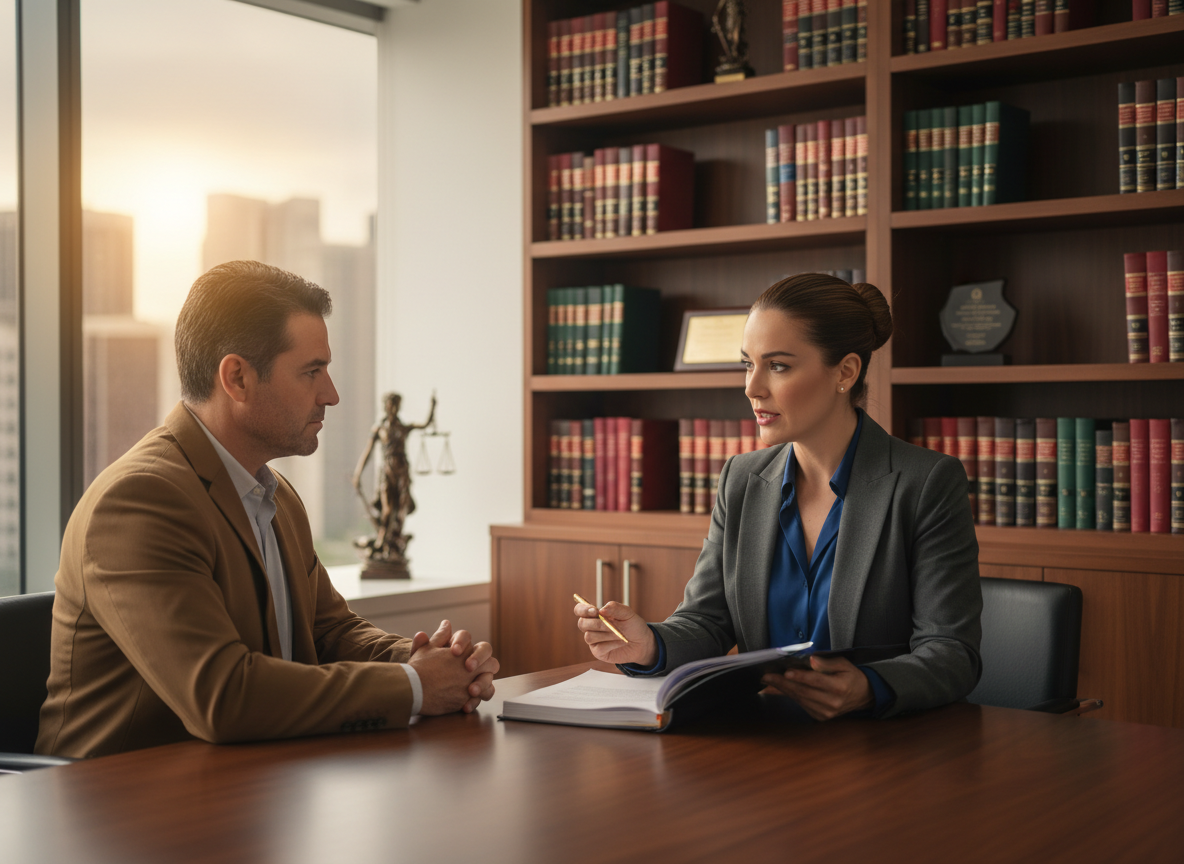 Professional photograph of a confident Mexican insurance lawyer in a formal suit, sitting across from a client in a modern, well-lit law office. The lawyer is attentively reviewing documents and speaking with authority. Bookshelves with legal volumes in the background. Deep blues, warm golds, professional atmosphere. No text in image.